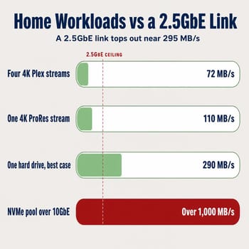 Infographic titled Home Workloads vs a 2.5GbE Link, showing four horizontal bars against a dashed 2.5GbE ceiling line at 295 MB/s: four 4K Plex streams at 72 MB/s, one 4K ProRes stream at 110 MB/s, one hard drive best case at 290 MB/s, and an NVMe pool over 10GbE at over 1,000 MB/s