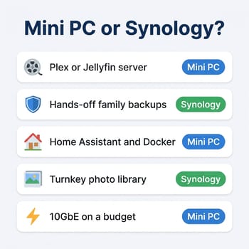 Infographic mapping five NAS workloads to a verdict: Plex or Jellyfin, Home Assistant and Docker, and 10GbE on a budget go to the mini PC; hands-off family backups and a turnkey photo library go to Synology