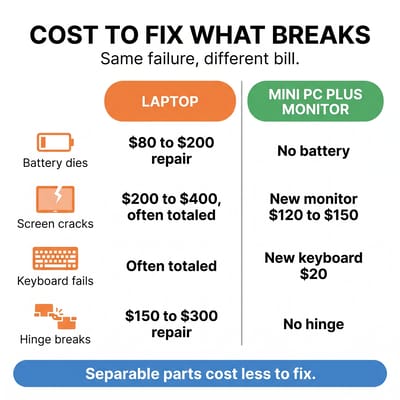Per-failure repair cost comparison: laptop versus mini PC plus monitor setup