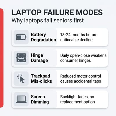 Infographic showing common laptop failure modes: battery degradation, hinge damage, trackpad mis-clicks, and screen dimming