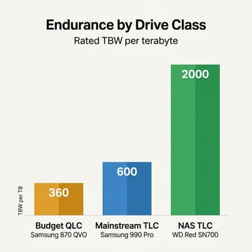 Bar chart of rated TBW per terabyte by drive class: budget QLC Samsung 870 QVO 360, mainstream TLC Samsung 990 Pro 600, NAS TLC WD Red SN700 2000