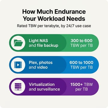 Infographic of three endurance tiers: light NAS and file backup 300 to 600 TBW per TB, Plex photos and video 600 to 1000 TBW per TB, virtualization and surveillance 1500 plus TBW per TB