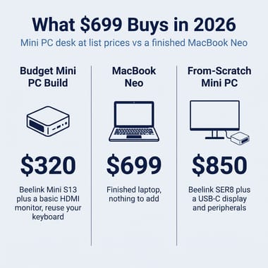 Cost comparison at list prices: a Beelink Mini S13 plus a basic HDMI monitor at $320, the finished MacBook Neo at $699, and a Beelink SER8 with a USB-C display and peripherals at $850