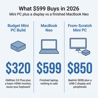 Cost comparison showing a budget reused-peripherals mini PC build under the Neo, a from-scratch single-cable build above it, and the finished $599 MacBook Neo in the middle