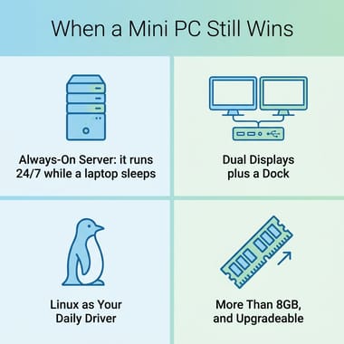 Four buyer scenarios where a mini PC beats the Neo: always-on server, dual-display dock, Linux primary, and more than 8GB of memory