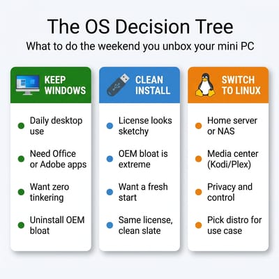 Decision tree showing three paths: keep Windows, clean install Windows, or switch to Linux