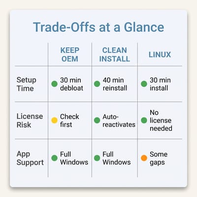 Comparison chart showing trade-offs between keeping OEM Windows, clean install, and Linux