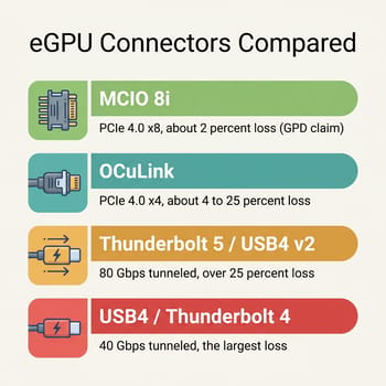 Comparison of four mini PC eGPU connectors ordered by performance loss: MCIO 8i, OCuLink, Thunderbolt 5 with USB4 v2, and USB4 with Thunderbolt 4