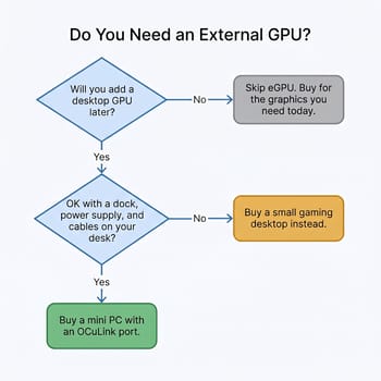 Decision flowchart on whether you need an external GPU, branching on whether you will add a desktop GPU and whether you accept a dock, power supply, and cables on your desk