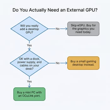 Decision flowchart titled Do You Actually Need an External GPU, branching on whether you will really add a desktop GPU and whether you accept a dock, power supply, and cables on your desk