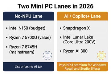 Two Mini PC Lanes in 2026: No-NPU Lane with Intel N150, Ryzen 7 5700U, Ryzen 7 8745H at list price versus AI Copilot+ Lane with Snapdragon X, Intel Lunar Lake, Ryzen AI 300 at a premium