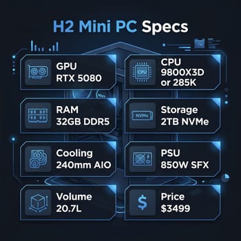 NZXT H2 Mini PC specifications: RTX 5080, 32GB DDR5, 2TB NVMe in 20.7L chassis
