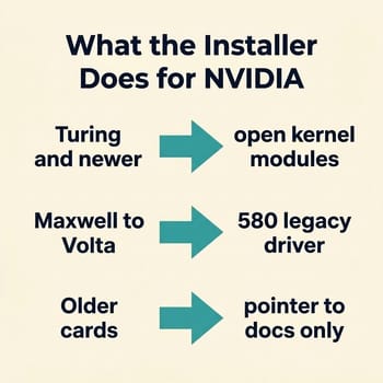 Infographic of Omarchy's NVIDIA driver tiers: Turing and newer get open kernel modules, Maxwell through Volta get the 580 legacy driver, older cards get a pointer to the docs only