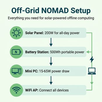 Off-grid NOMAD setup: solar panel, battery, mini PC, WiFi access point