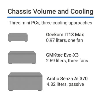 Chart comparing three mini PC chassis volumes and cooling: Geekom IT13 Max at 0.97 liters with one fan, GMKtec Evo-X3 at 2.69 liters with three fans, Arctic Senza AI 370 at 4.82 liters passive
