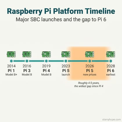 Timeline showing Raspberry Pi platform launches from 2014 to 2028, with the longest gap between Pi 5 and Pi 6