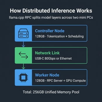 How llama.cpp RPC distributes model layers across two linked mini PCs