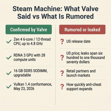 A two-column infographic separating what Valve has confirmed about the Steam Machine (Zen 4 CPU, RDNA 3 GPU, 16 GB DDR5 SODIMM, Vulkan 1.4 conformance) from what is still rumored or leaked (US release date, US price spanning $600 to $1,070, retail partners, and anti-cheat support timeline)