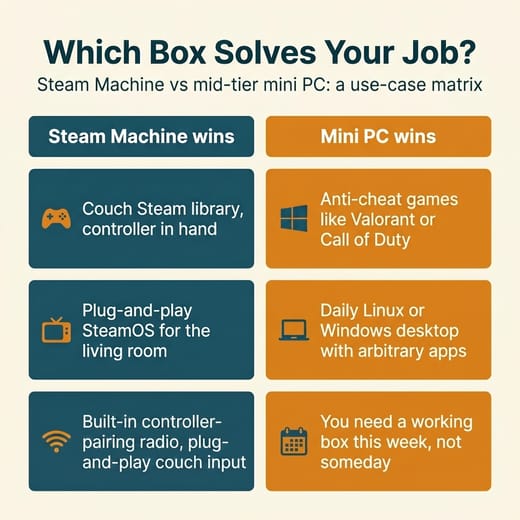 A six-cell decision matrix showing where the Steam Machine wins (couch Steam library, plug-and-play SteamOS, built-in controller-pairing radio) versus where a mid-tier mini PC wins (anti-cheat games, daily Linux or Windows desktop, immediate availability)