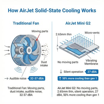 How Frore AirJet solid-state cooling works compared to traditional fans