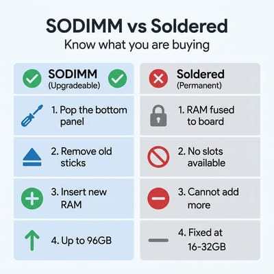 Comparison chart showing which mini PC vendors use soldered versus SODIMM RAM in their 2026 lineups