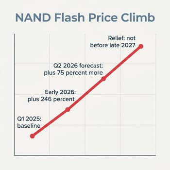 Infographic charting NAND flash prices rising sharply from a Q1 2025 baseline through a forecast Q2 2026 increase, with relief not expected before late 2027