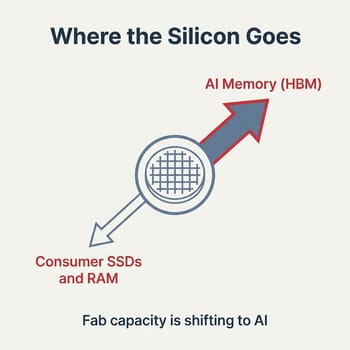 Infographic showing wafer capacity being redirected from consumer NAND and DRAM toward high-bandwidth memory for AI accelerators