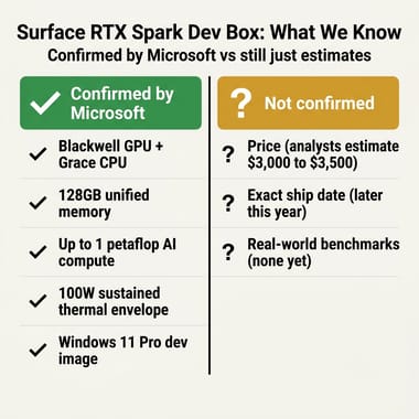 A two-column chart separating what Microsoft confirmed about the Surface RTX Spark Dev Box (Blackwell GPU plus Grace CPU, 128GB unified memory, up to 1 petaflop, 100W sustained thermal envelope, Windows 11 Pro dev image) from what is still an estimate (price of 3000 to 3500 dollars, exact ship date, real-world benchmarks)