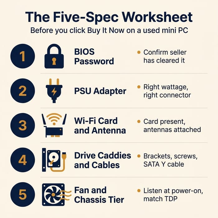 Infographic titled The Five-Spec Worksheet, listing in order: BIOS Password, PSU Adapter, Wi-Fi Card and Antenna, Drive Caddies and Cables, Fan and Chassis Tier