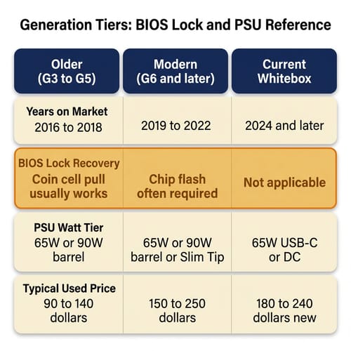 Three-column reference chart comparing older (G3 to G5), modern (G6 and later), and current whitebox tiers across years on market, BIOS lock recovery difficulty, PSU watt tier, and typical used price