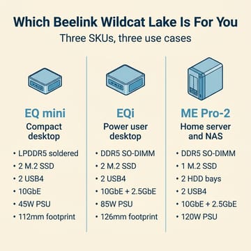 Infographic comparing the three Beelink Wildcat Lake SKUs: EQ mini, EQi, and ME Pro-2