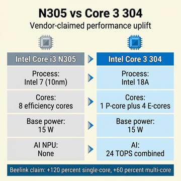 Infographic comparing Intel Core i3 N305 and Intel Core 3 304 specs side by side