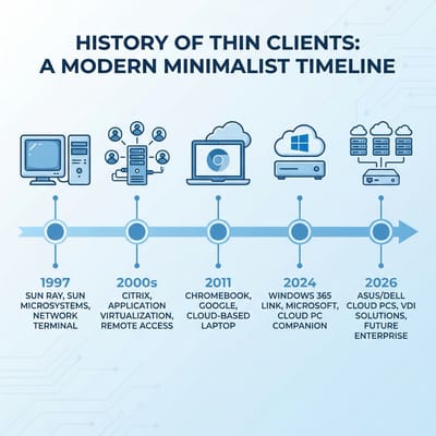 Timeline showing thin client attempts from 1997 to 2026