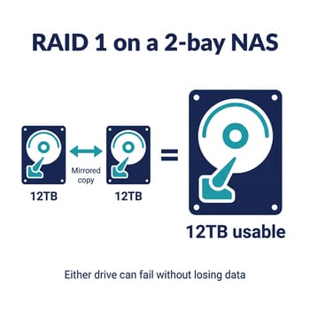 Diagram of RAID 1 on a 2-bay NAS: two 12TB drives hold mirrored copies and give 12TB of usable space, and either drive can fail without losing data