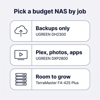 Infographic titled Pick a budget NAS by job: Backups only, UGREEN DH2300; Plex, photos, apps, UGREEN DXP2800; Room to grow, TerraMaster F4-425 Plus