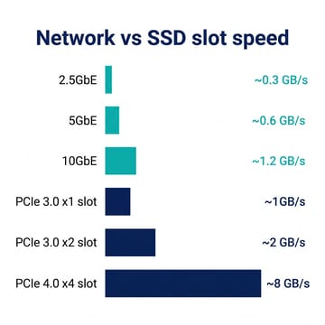 Bar chart comparing network and SSD slot speeds: 2.5GbE about 0.3 GB/s, 5GbE about 0.6 GB/s, 10GbE about 1.2 GB/s, PCIe 3.0 x1 slot about 1 GB/s, PCIe 3.0 x2 slot about 2 GB/s, PCIe 4.0 x4 slot about 8 GB/s