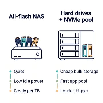 Two-column comparison: an all-flash NAS is quiet, low idle power, and costly per TB; a hard drive NAS with an NVMe pool offers cheap bulk storage and a fast app pool but is louder and bigger