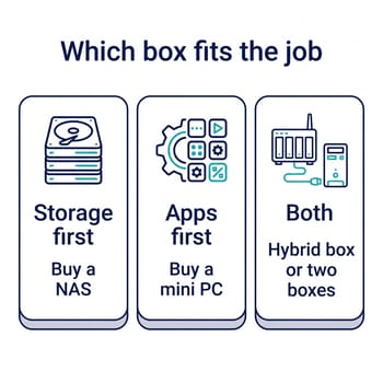 Infographic titled Which box fits the job with three cards: Storage first, buy a NAS; Apps first, buy a mini PC; Both, hybrid box or two boxes