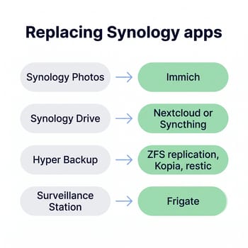 Infographic titled Replacing Synology apps with four rows: Synology Photos to Immich, Synology Drive to Nextcloud or Syncthing, Hyper Backup to ZFS replication, Kopia, restic, and Surveillance Station to Frigate